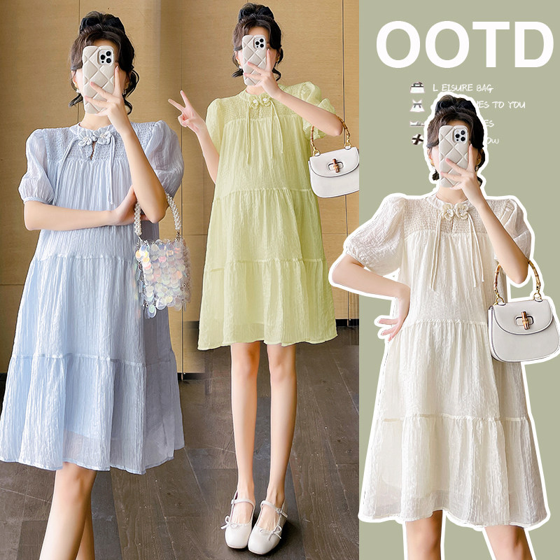 孕妇装夏装温柔甜美气质花朵盘扣潮妈裙宽松型大码夏季孕妇连衣裙