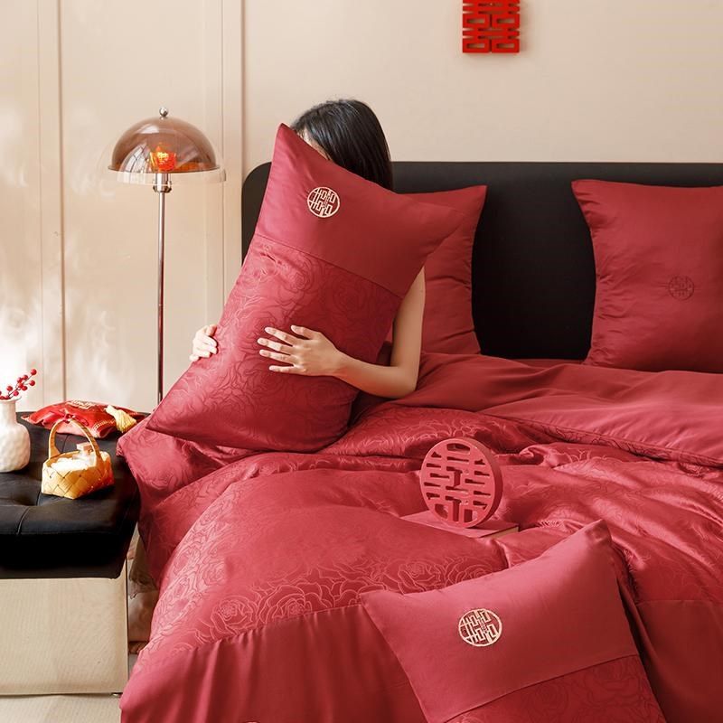 简约婚庆四件套全棉n纯棉刺绣被套床单床笠轻奢高级感结婚床上用,床上用品,婚庆床品套件,淘宝优惠券,粉丝福利购,淘宝优惠卷