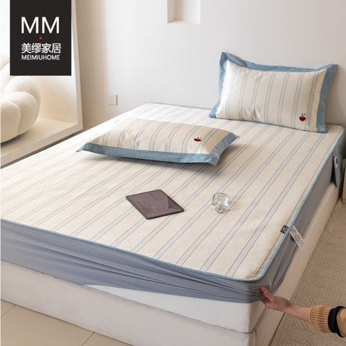 小清新夏季冰丝凉席三件套轻奢刺绣床笠款凉席可水洗1.8m空调软席