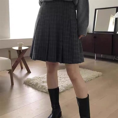 灰色毛呢格子半身裙女秋冬新款胖mm大码高腰显瘦高个子A字百褶裙