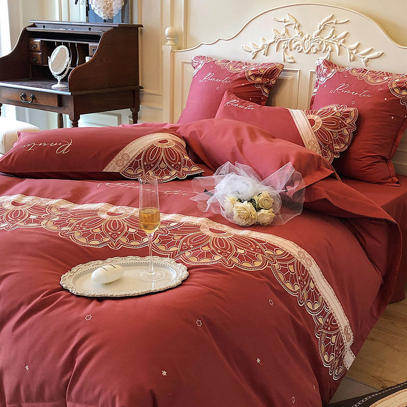 公主风结婚纯棉四件套大红色床单婚庆被套喜被新婚V嫁磨毛床上用,床上用品,婚庆床品套件,淘宝优惠券,粉丝福利购,淘宝优惠卷
