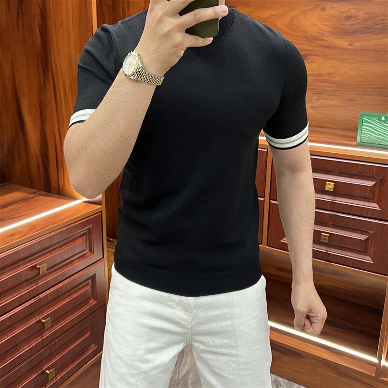 夏季圆领内搭短袖袖口条纹毛衣潮牌薄款针织衫2025新款男士打底衫