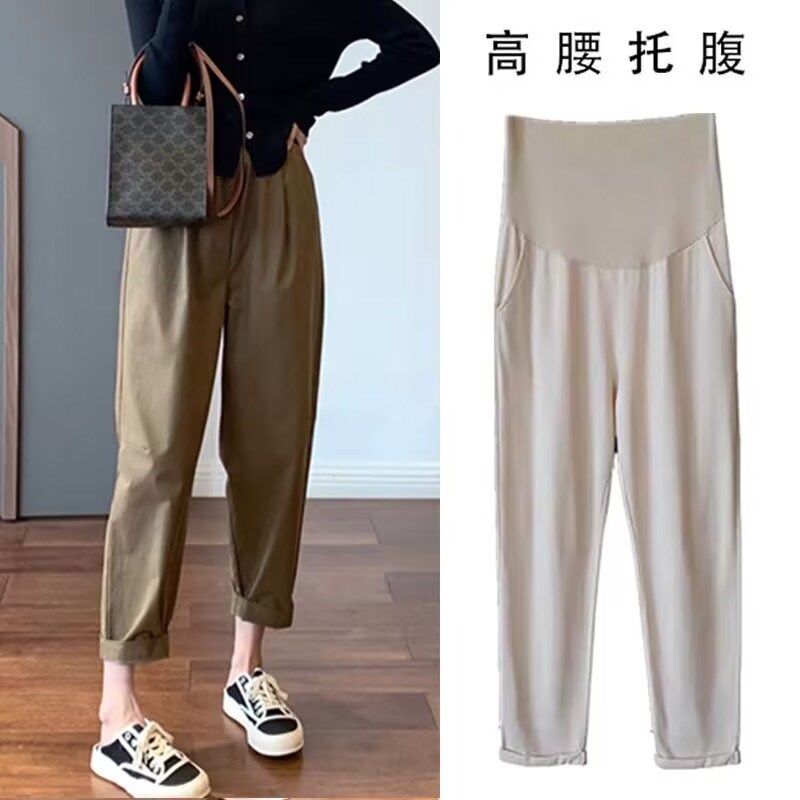 孕妇裤子春秋款h棕咖色空气感萝卜裤百搭宽松显瘦大码休闲哈伦裤