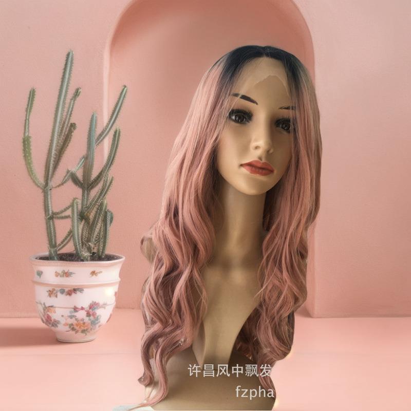 爆款前蕾丝肉粉色长卷发黑渐变蓬松假发化纤
