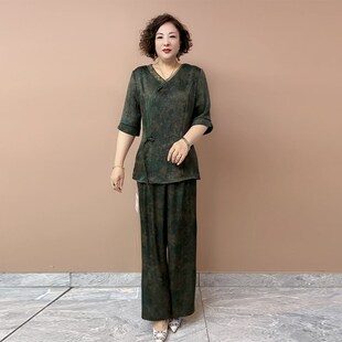 洋气妈妈新中式国风真丝两件套夏季新款中袖旗袍上衣阔腿裤套装女
