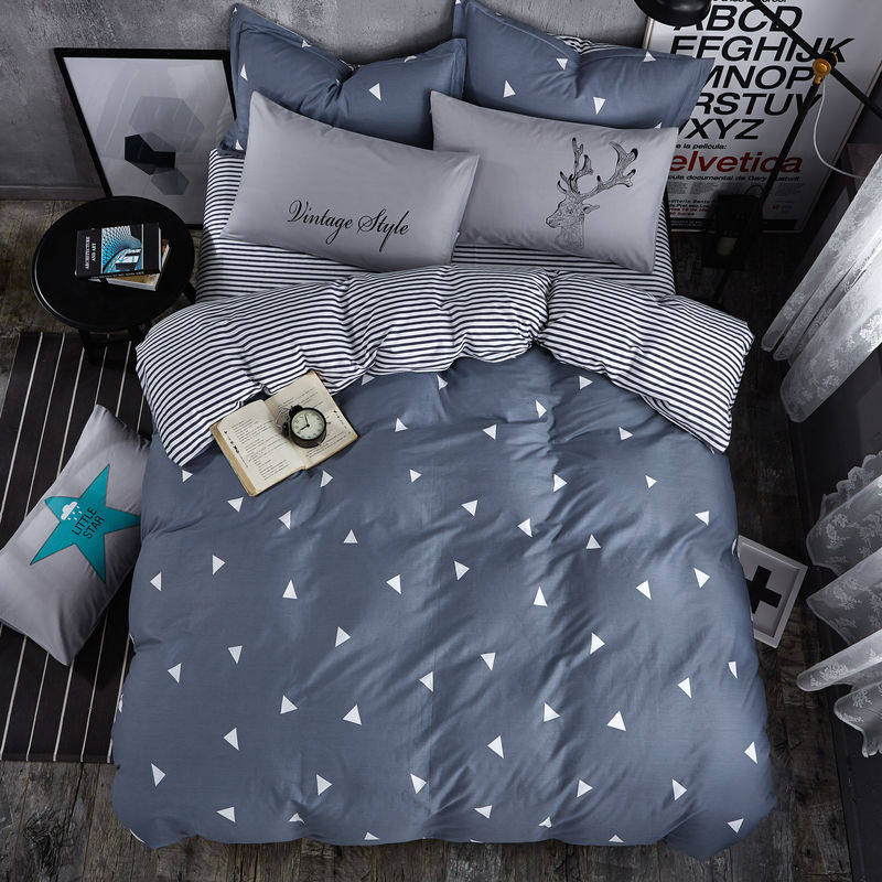 全棉男生床上用品四件套纯棉全棉学生宿舍灰色床单被罩枕套三件套