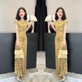 新款 修身 显瘦坎袖 复古风气质女神范20p24年夏季 设计感长款 连衣裙