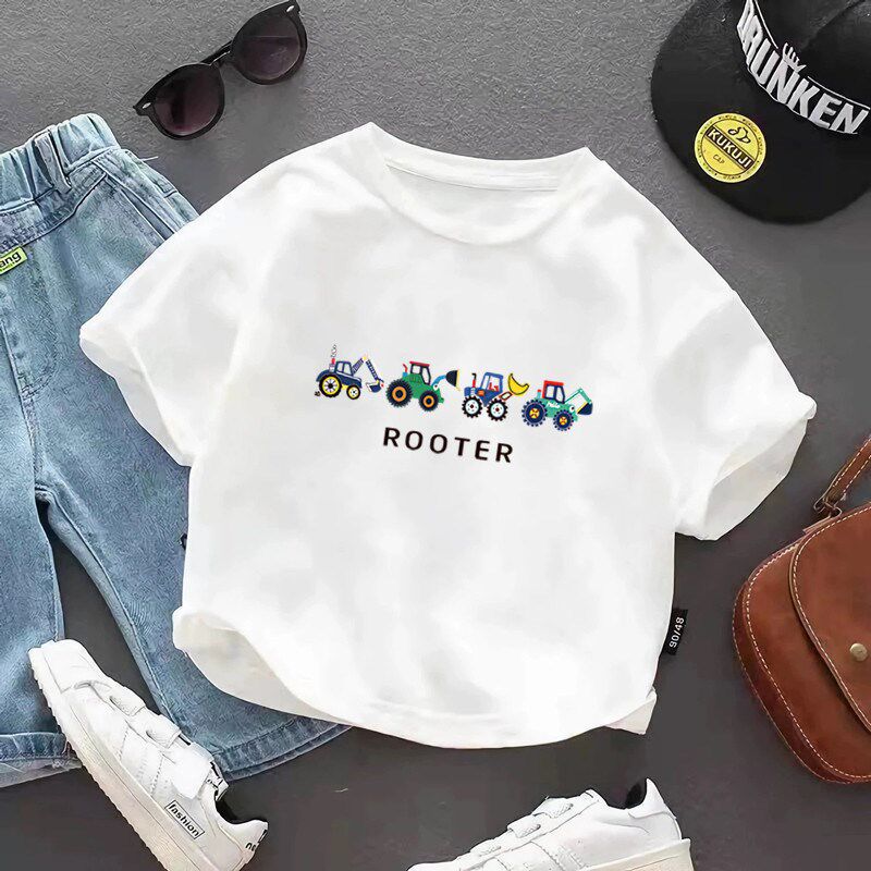 儿童卡通挖土机T恤童装洋派短袖夏季新款男童女童百搭纯棉衣服潮