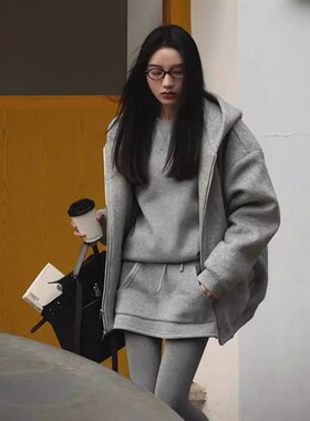 2024春季f格雷系时尚套装高级感休闲灰色连帽卫衣半身短裙两件套