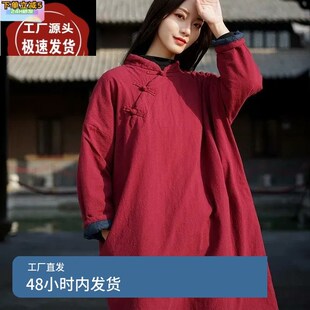 复古棉衣女中长款棉麻夹棉袍子中式斜襟加厚棉P服禅修改良汉服棉