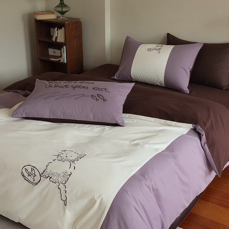 花时间生活卡通刺绣全棉婴儿棉撞色被套床单100支纯棉床上四件套