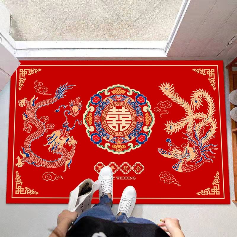 新中式结婚地垫龙凤进门地毯入户门垫门口脚垫子喜庆红色新婚布置