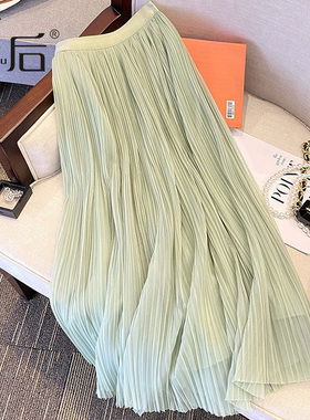 2067 艺术细褶细密q网纱半身裙春夏女中长款春垂坠感大摆a字裙纱