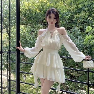 法式白色长袖连衣裙仙女夏季仙气收腰甜美雪纺短裙荷叶Z边蛋糕裙