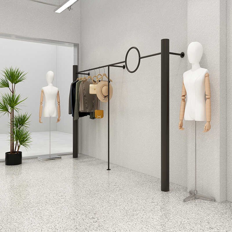 简约时尚服装店展k示架上墙哑光黑创意个性圆圈壁挂陈列货架不锈