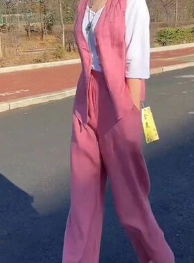 时尚亚麻套装女2024夏季气质高级感棉麻西装马甲上衣阔腿裤两件套