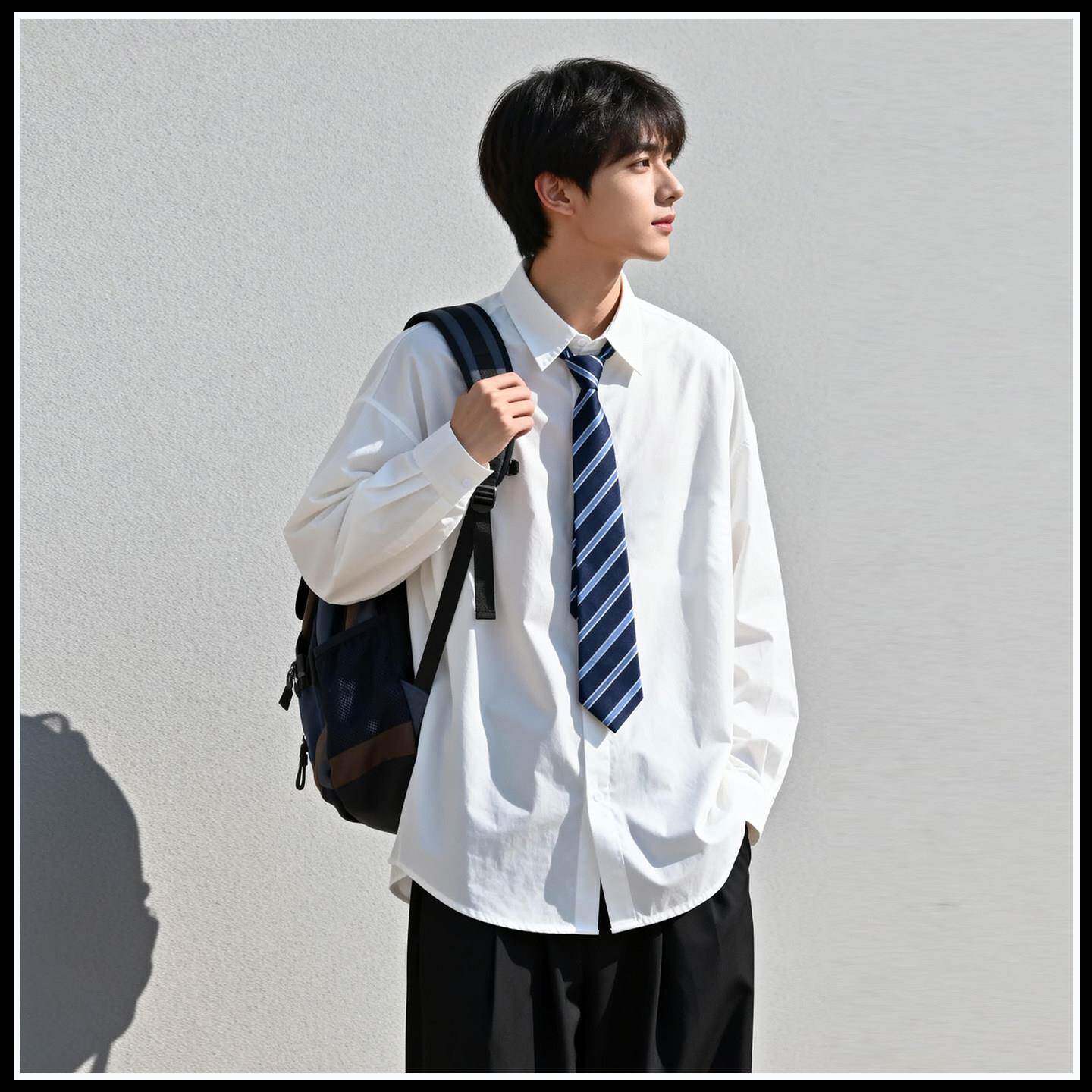 罗蒙白色长袖衬衫男宽松DK校服学生毕业照表演青少年衬衣正装外套