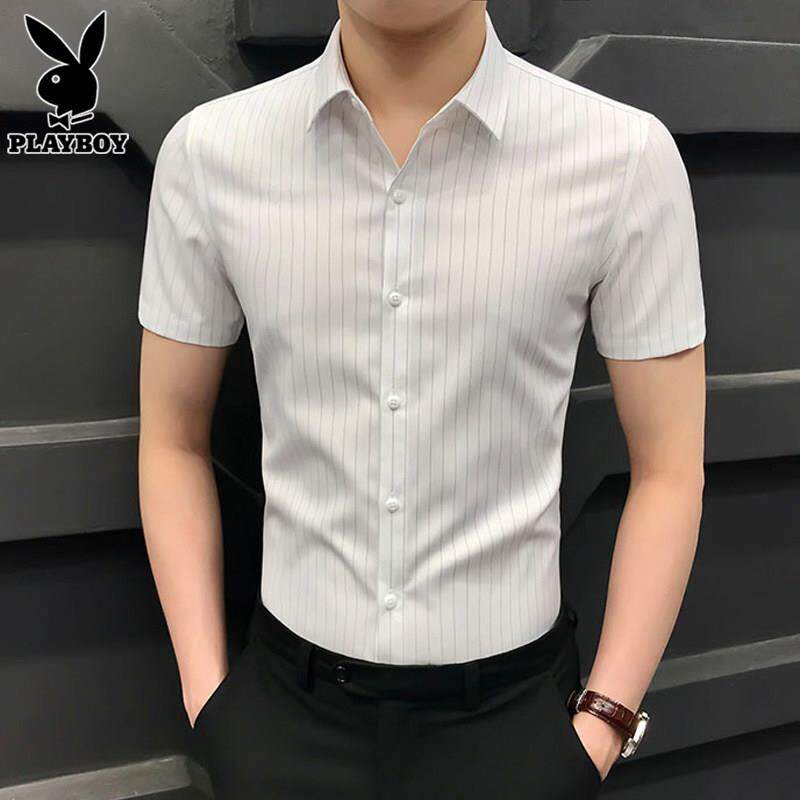 花花公子冰丝短袖衬衫男士高级衬衣夏季薄款商务休闲白色寸衫男潮