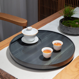 日本品质皇庭玉石茶盘天然圆形家用简约现代轻奢排水乌金石小茶台
