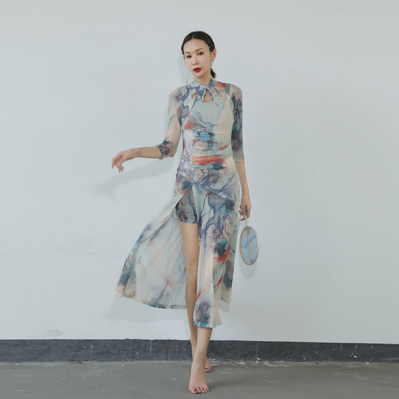 日本无印MUJIE古典舞弹力印花旗袍舞蹈服中国舞民族舞练功服显瘦