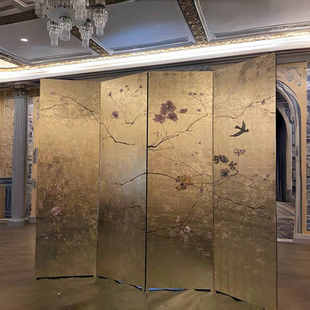 中古手绘金箔屏风漆画藤花花鸟客厅卧室隔断遮挡茶室玄关背景折屏