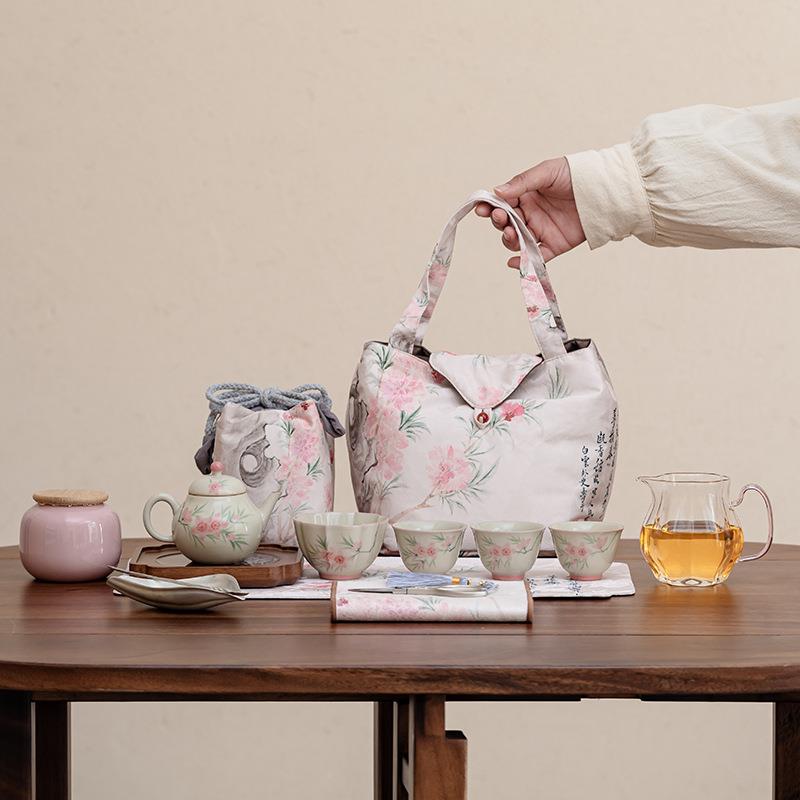 冰台手绘桃花旅行茶具一壶两杯收纳包便携收纳袋女士茶事包茶道
