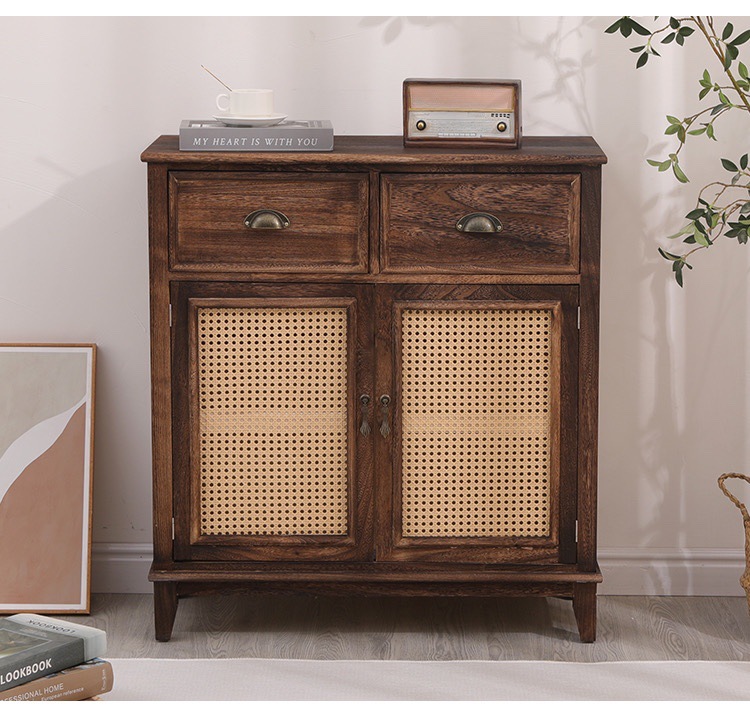 复古备家用实木带餐玄关柜餐柜柜藤编客厅水柜茶水门斗储物柜边美