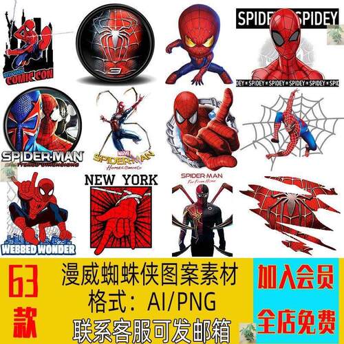 卡通漫威蜘蛛侠T恤卫衣热转印花烫画贴纸图案AI矢量PNG免扣图素材