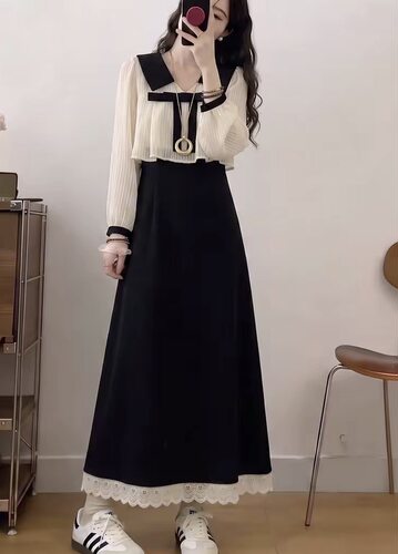 大码女装早秋法式温柔拼接撞色娃娃领连衣裙胖MM遮肉显瘦减龄长裙