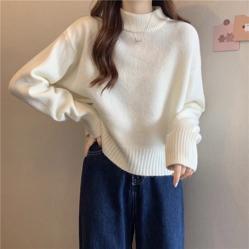 白色半高领毛衣女秋冬加厚宽松软糯针织衫小个子套头打底保暖上衣