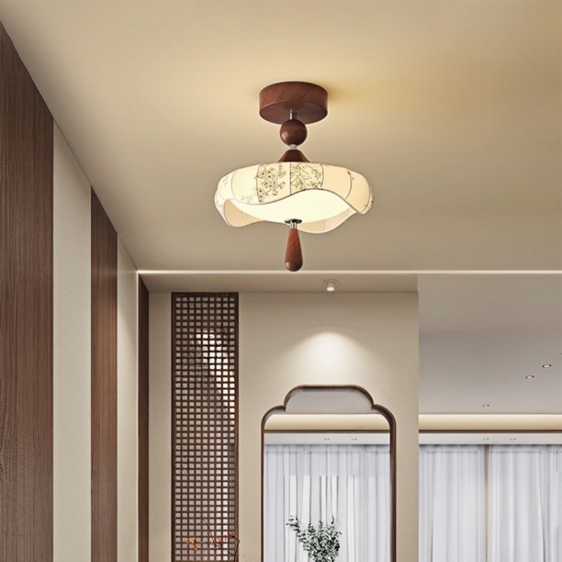 新款创意布艺护眼吸顶灯胡桃木纹色玄关过道灯阳台灯法式中古风