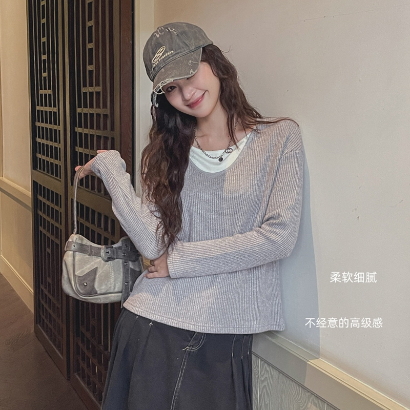 2025假两件纯色圆领套头毛线衫