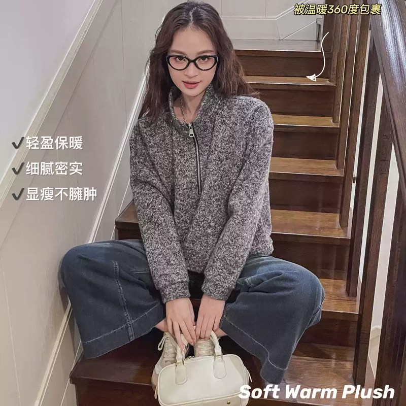 新品女生卫衣秋冬季抗冻抗风毛衣简搭韩系宽松加绒拉链立领打底衫