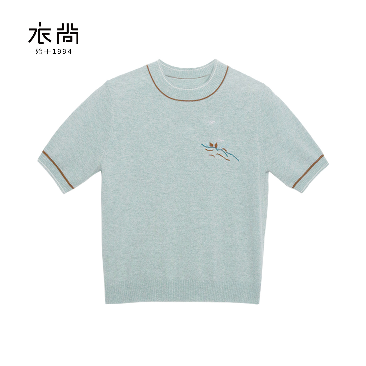 衣尚【100%山羊绒】山水绣花短袖T恤女夏季新款圆领显瘦套头上衣