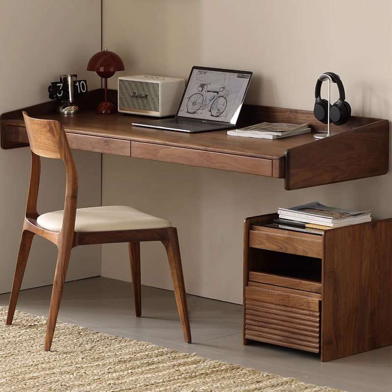 北美黑胡桃木悬浮书桌简约日式悬空挂墙办公桌北欧实木家用电脑桌
