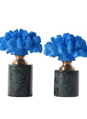 北欧风格蓝色珊瑚l小摆件绿色大理石艺术工艺品软装托盘陈列装饰