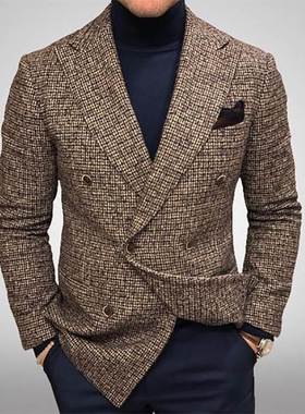 Plaid jacket men直筒外套休闲绿色青年单排扣西装领棉涤多口袋灰