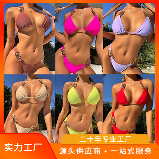 women clothes欧美新款跨境泳装带胸垫女士分体泳衣链条性感比基