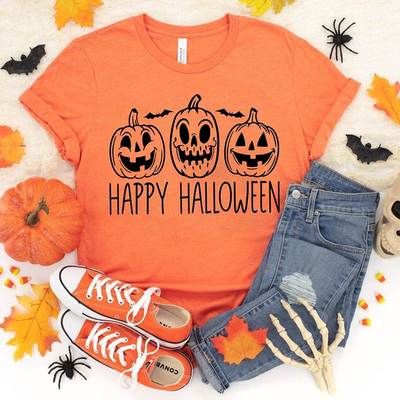 Happy Halloween Women T Shirt Pumpkin Face万圣节南瓜笑脸短袖