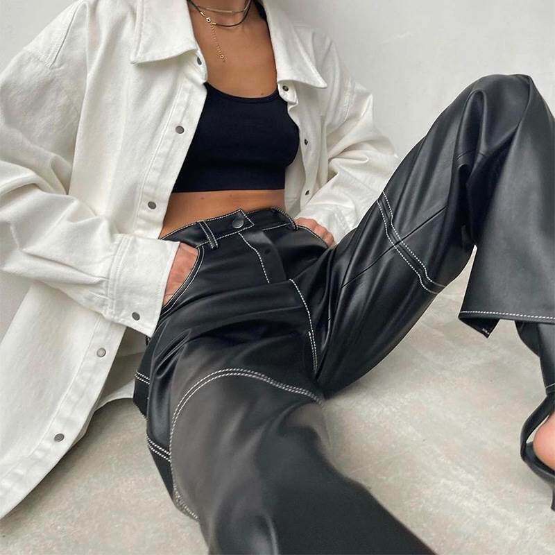 Women high waist temperament slim straight casual PU trouser