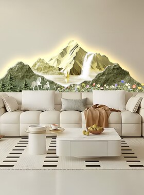 日照金山客厅g装饰画奶油风沙发背景墙挂画绿色小清新卧室壁画灯
