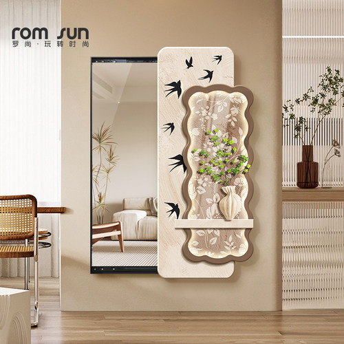 侘寂风隐藏式全身镜进门入户w穿衣镜壁画走廊卧室遮挡推拉镜子挂