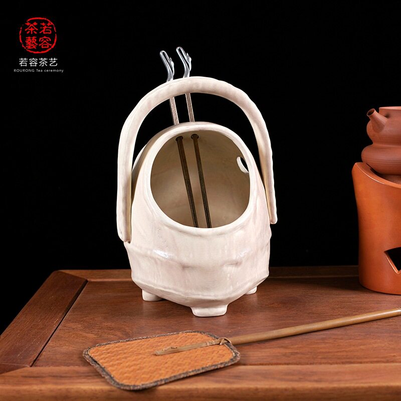 潮汕茶艺窑变提把炭钵装炭槽围炉煮茶配件白泥陶制存炭器茶道配件