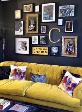 法式复古民宿三人沙发姜黄色丝绒小户型客L厅美式拉扣布艺三人沙