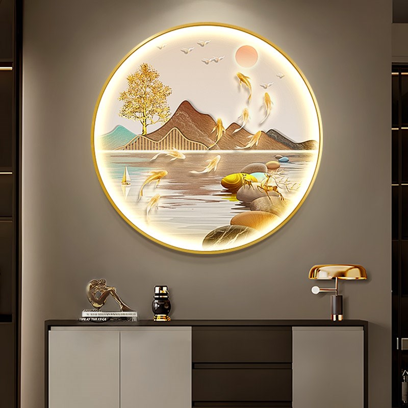 现代轻奢九鱼图玄关灯光画走廊过道装饰J画客厅背景墙圆形发光挂图片