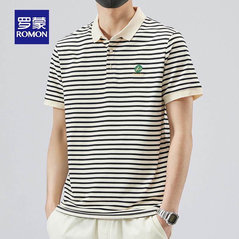 罗蒙条纹POLO衫短袖T恤男夏季薄款宽松休闲撞色翻领衬衫男装上衣