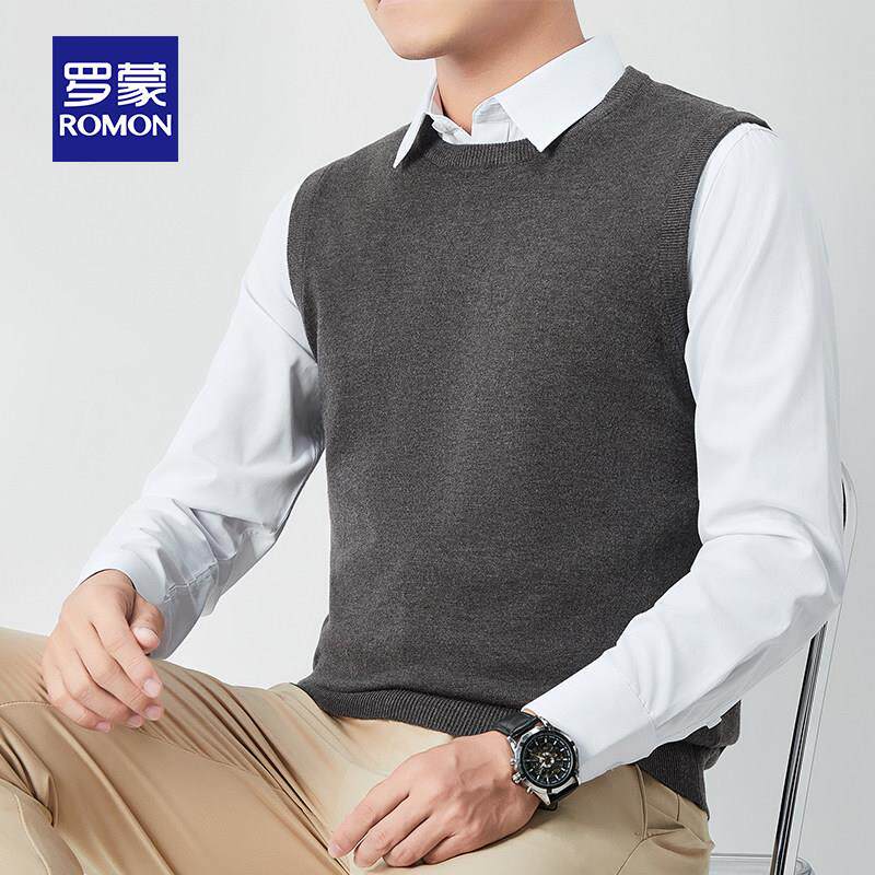 罗蒙2025衬衫背心马甲男款春秋季保暖圆领无袖毛衣男士针织衫内搭
