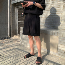 轻熟风小众设计宽松直筒阔腿五分裤 黑色休闲短裤 男士 新款 韩版 夏季