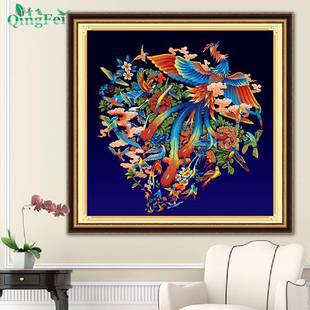 爆款精准印布百鸟朝凤十字绣新中式孔雀牡丹新款菊花客厅满绣挂画
