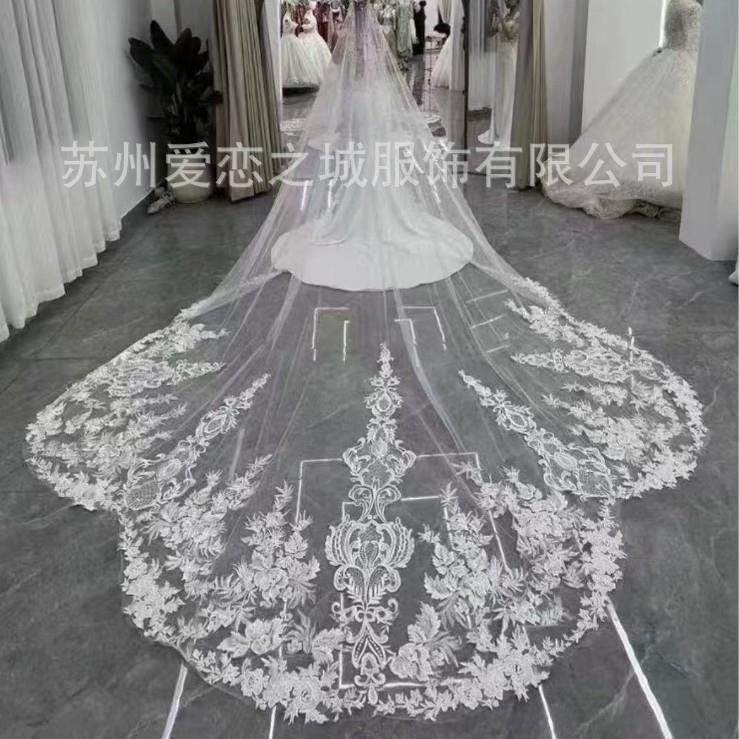 爆款新款拖尾结婚头纱造型蕾丝超头纱